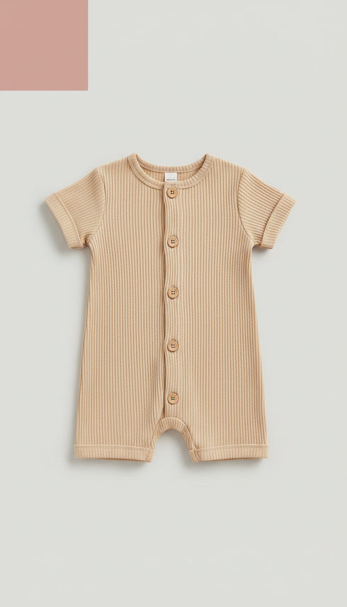Warm Oat ribbed romper with wooden buttons