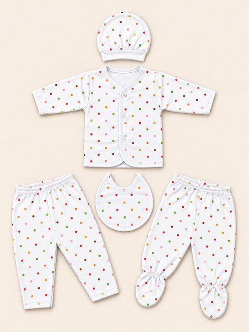 Newborn 5-Piece Fleece Polka Dots Printed White Starter Set