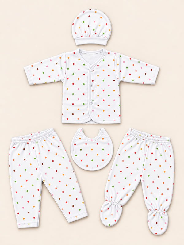 Newborn 5-Piece Fleece Polka Dots Printed White Starter Set