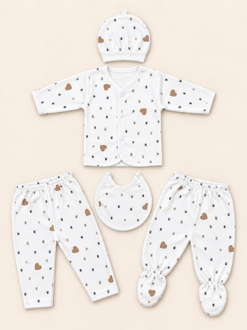 Newborn 5-Piece Fleece Brown Heart Print White Starter Set