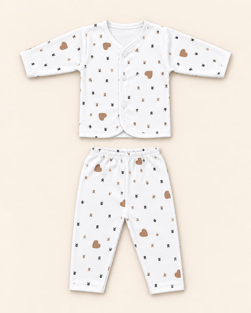 Newborn 5-Piece Fleece Brown Heart Print White Starter Set