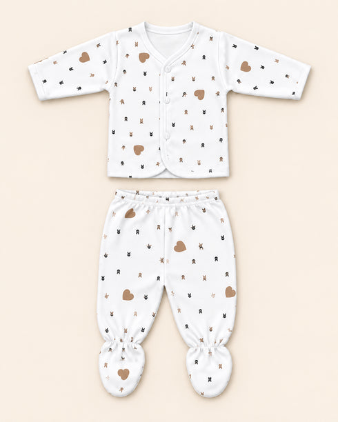 Newborn 5-Piece Fleece Brown Heart Print White Starter Set