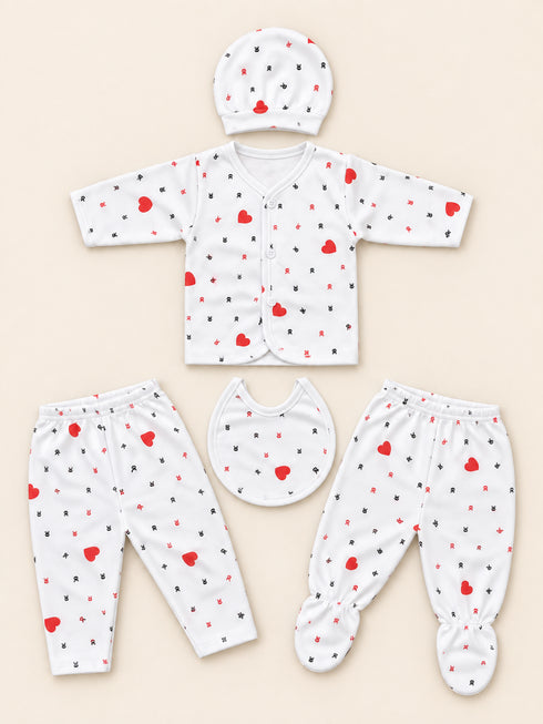 Newborn 5-Piece Fleece Heart Printed White Starter Set