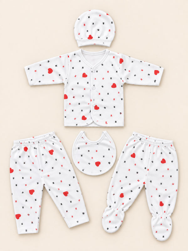 Newborn 5-Piece Fleece Heart Printed White Starter Set