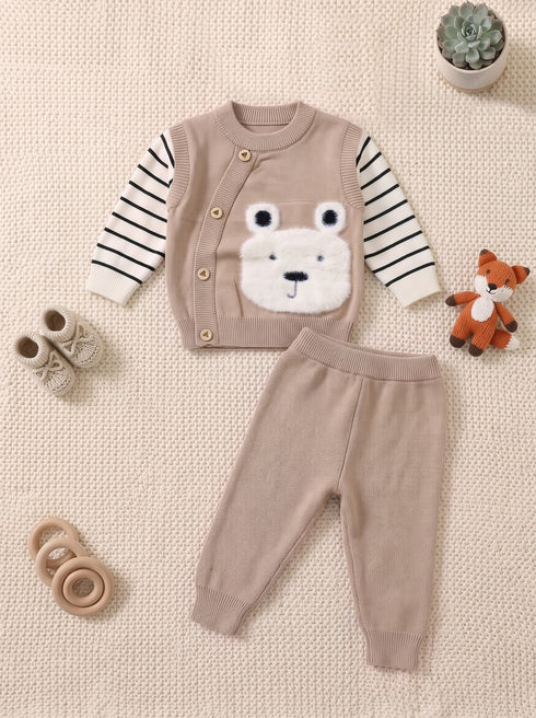 Bear Pattern Button-Front Woolen Knitted Co-Ord Set (Beige)
