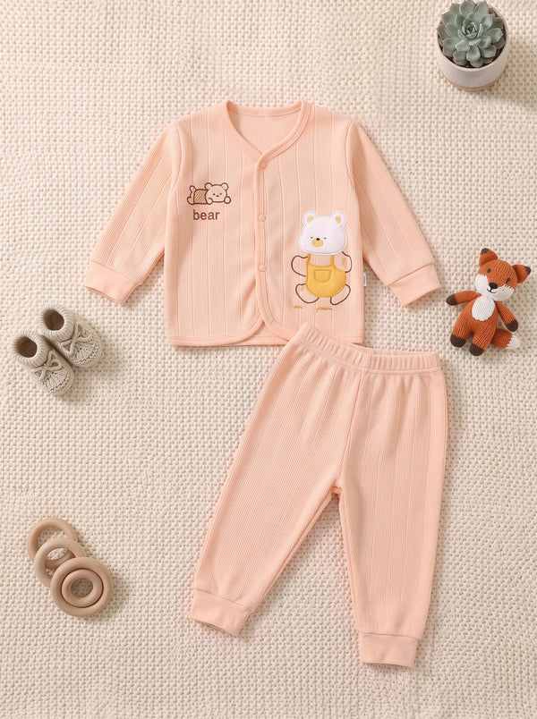 Bear Appliqué Button-Front Textured Knit Co-Ord Set