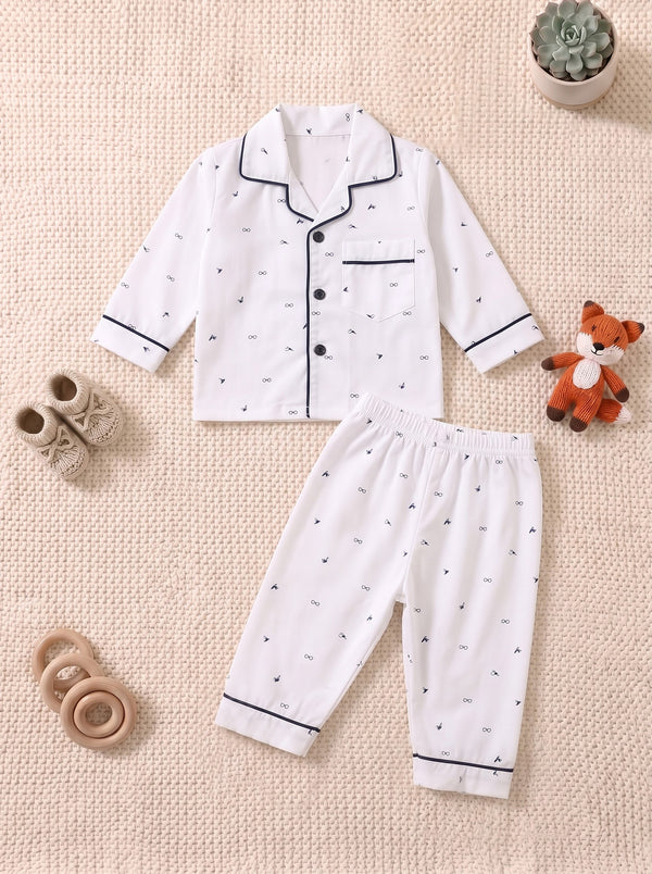 White Tiny Doodle Print Button-Down Nightsuit Set